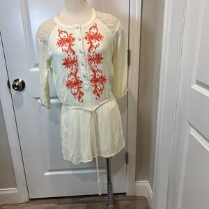 Miss Me Cream Lace Yoke Embroidered Tunic Shirt Dress Belted Women's Small
